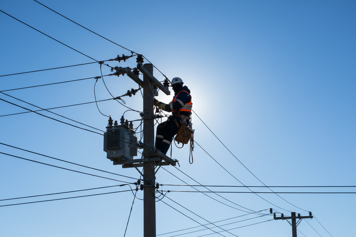 wide shote of electrical lineman working on the lines with a crisp blue sky